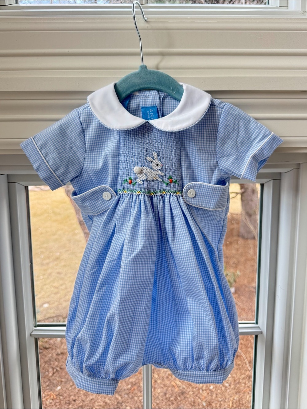 Anavini Velani baby boys blue gingham bunny bubble romper